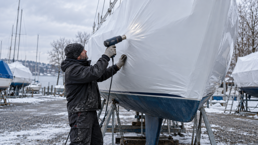 Operatore applica film termoretraibile PE bianco su scafo barca con cannello ad aria calda in rimessaggio invernale