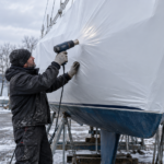 Operatore applica film termoretraibile PE bianco su scafo barca con cannello ad aria calda in rimessaggio invernale