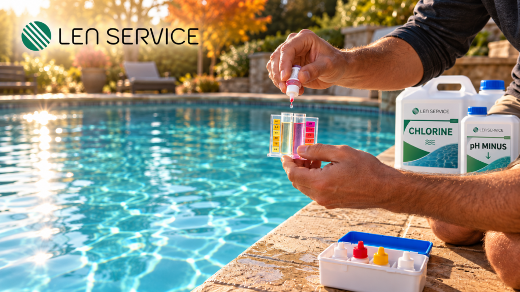 Persona testa pH e cloro dell'acqua di una piscina con kit test, taniche di cloro liquido e pH meno Len Service sullo sfondo