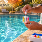 Persona testa pH e cloro dell'acqua di una piscina con kit test, taniche di cloro liquido e pH meno Len Service sullo sfondo
