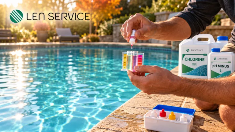Persona testa pH e cloro dell'acqua di una piscina con kit test, taniche di cloro liquido e pH meno Len Service sullo sfondo